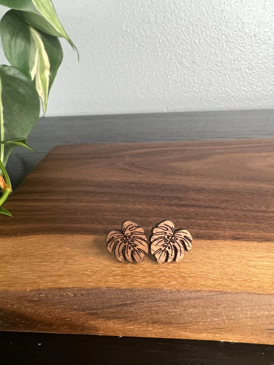 Walnut Monstera Studs (2 for $30)